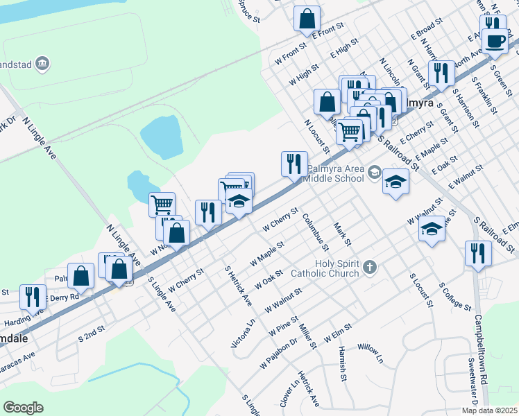 map of restaurants, bars, coffee shops, grocery stores, and more near 15 South Horstick Avenue in Palmyra