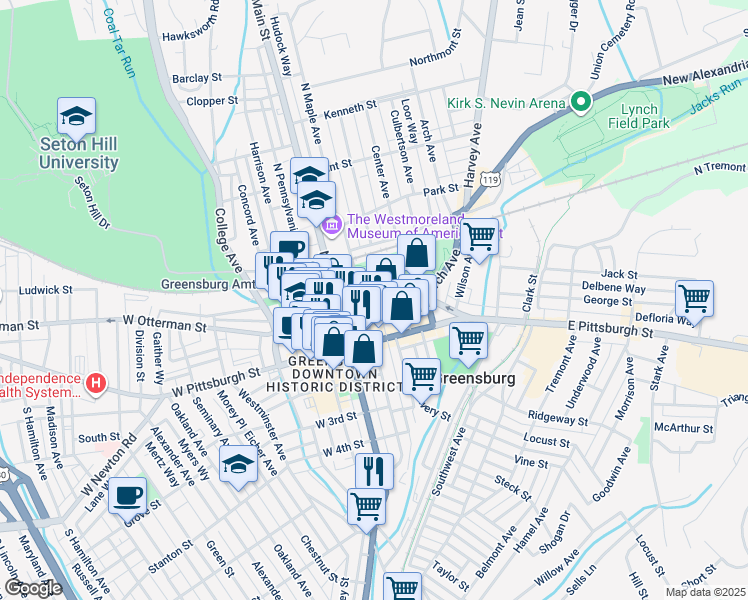map of restaurants, bars, coffee shops, grocery stores, and more near 27 North Maple Avenue in Greensburg