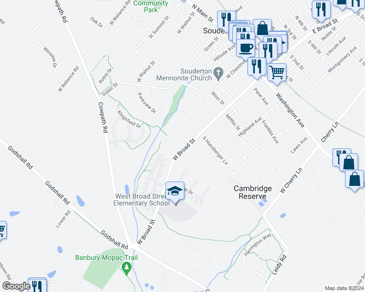 map of restaurants, bars, coffee shops, grocery stores, and more near 355 West Broad Street in Souderton