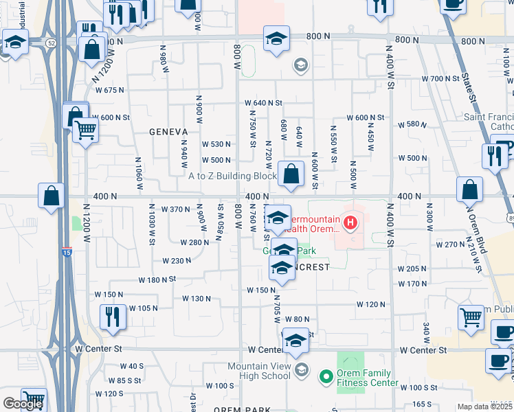 map of restaurants, bars, coffee shops, grocery stores, and more near 386 North 760 West in Orem