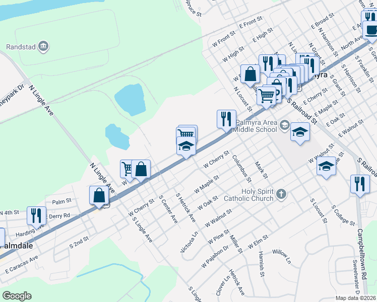 map of restaurants, bars, coffee shops, grocery stores, and more near 601 West Main Street in Palmyra