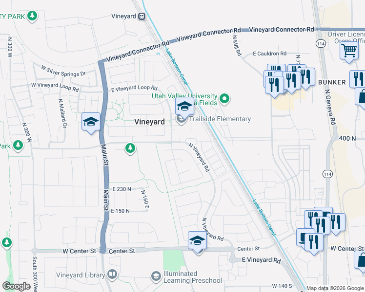 map of restaurants, bars, coffee shops, grocery stores, and more near 297 East 370 North in Vineyard
