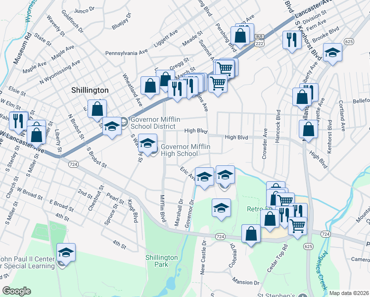 map of restaurants, bars, coffee shops, grocery stores, and more near 515 Grill Avenue in Reading