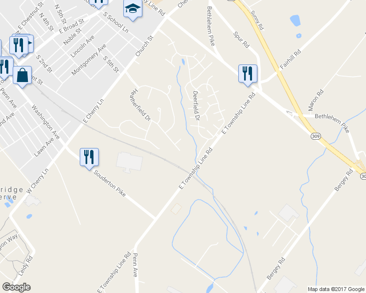 map of restaurants, bars, coffee shops, grocery stores, and more near 250 Heatherfield Drive in Souderton