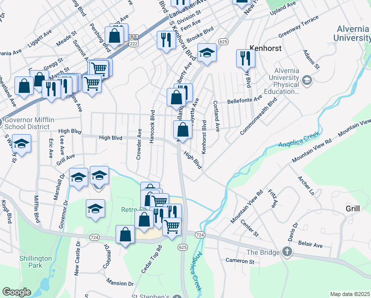 map of restaurants, bars, coffee shops, grocery stores, and more near 615 High Boulevard in Reading