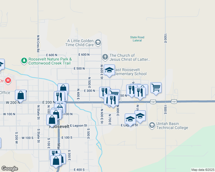 map of restaurants, bars, coffee shops, grocery stores, and more near 345 North 700 East in Roosevelt