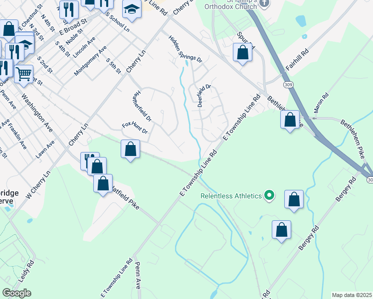 map of restaurants, bars, coffee shops, grocery stores, and more near 250 Heatherfield Drive in Souderton