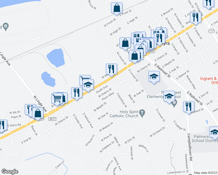 map of restaurants, bars, coffee shops, grocery stores, and more near 399 West Cherry Street in Palmyra