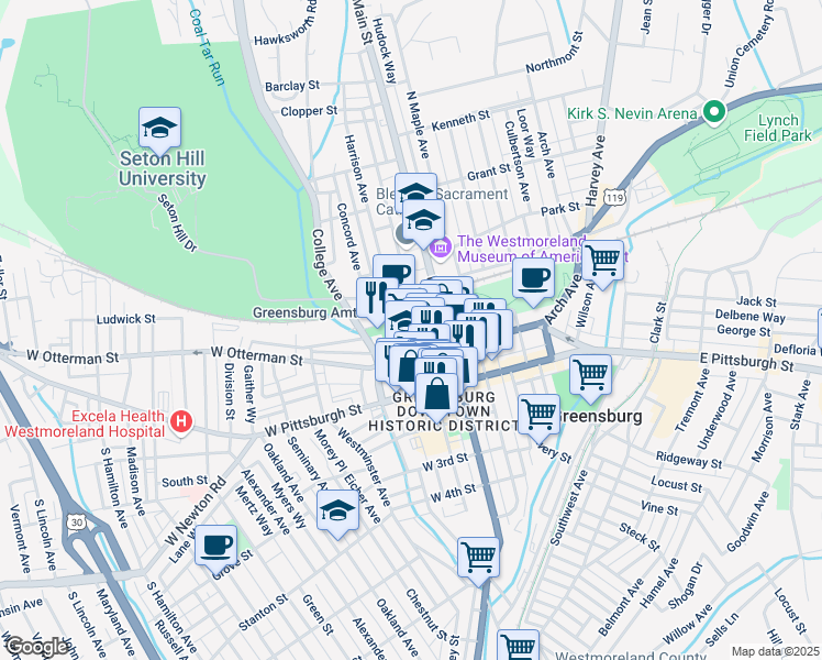 map of restaurants, bars, coffee shops, grocery stores, and more near 137 Harrison Avenue in Greensburg