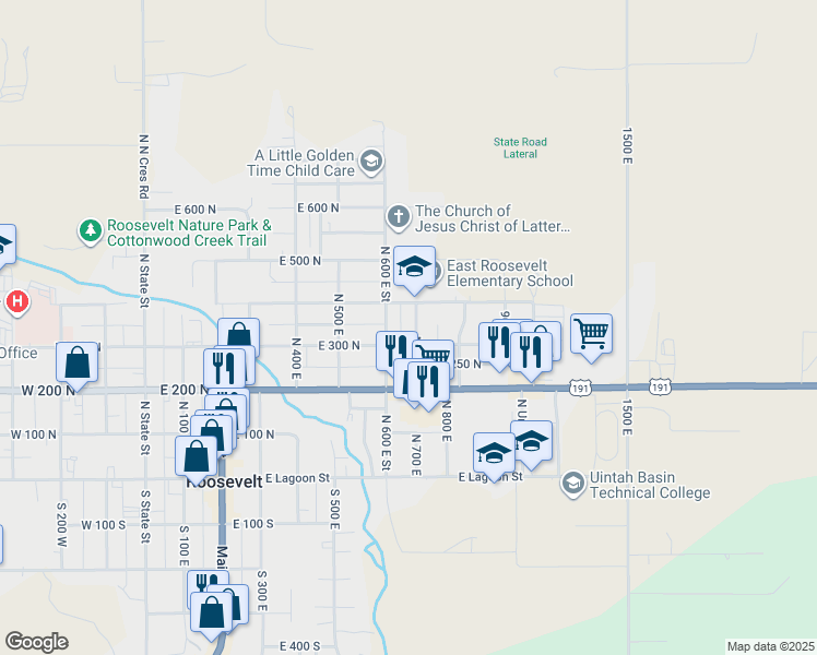 map of restaurants, bars, coffee shops, grocery stores, and more near 345 North 700 East in Roosevelt