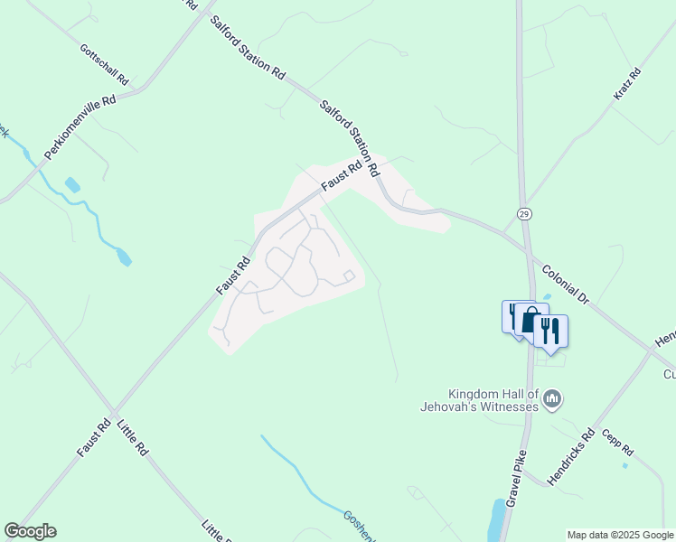 map of restaurants, bars, coffee shops, grocery stores, and more near 1290 Hunter Lane in Perkiomenville