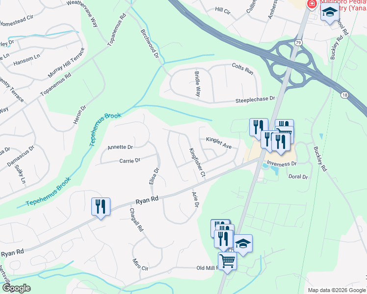 map of restaurants, bars, coffee shops, grocery stores, and more near 17 Warbler Road in Marlboro Township