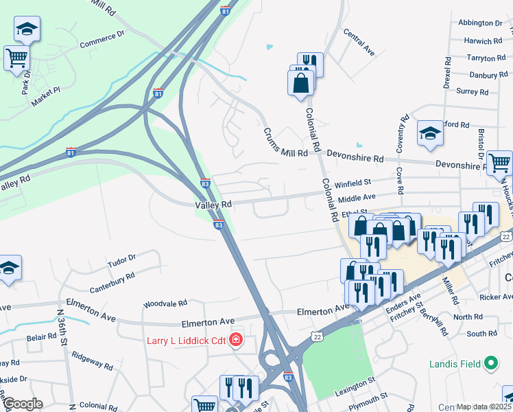 map of restaurants, bars, coffee shops, grocery stores, and more near 4101 Valley Road in Harrisburg