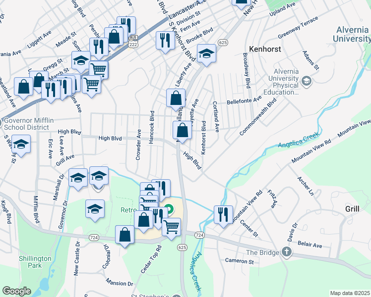 map of restaurants, bars, coffee shops, grocery stores, and more near 615 High Boulevard in Reading