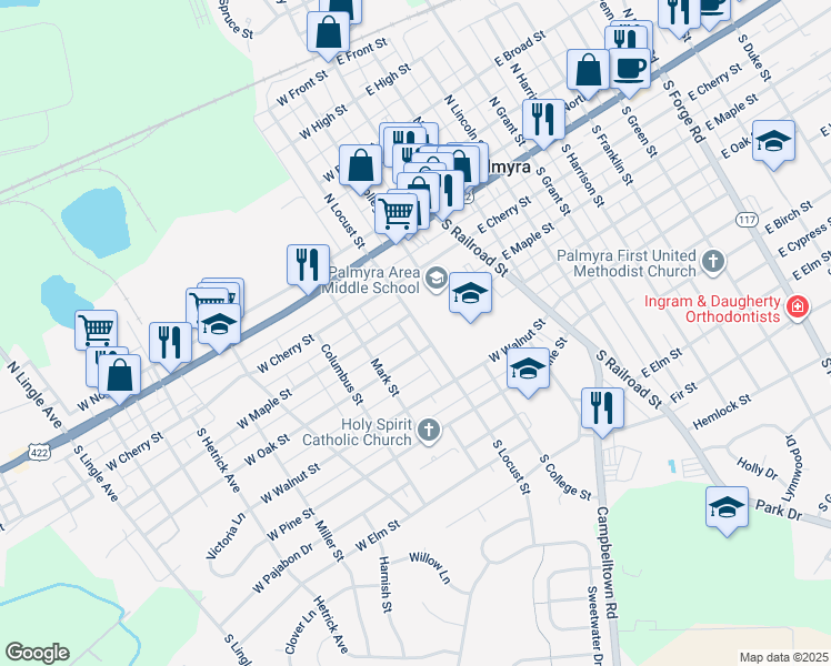 map of restaurants, bars, coffee shops, grocery stores, and more near 223 South Locust Street in Palmyra