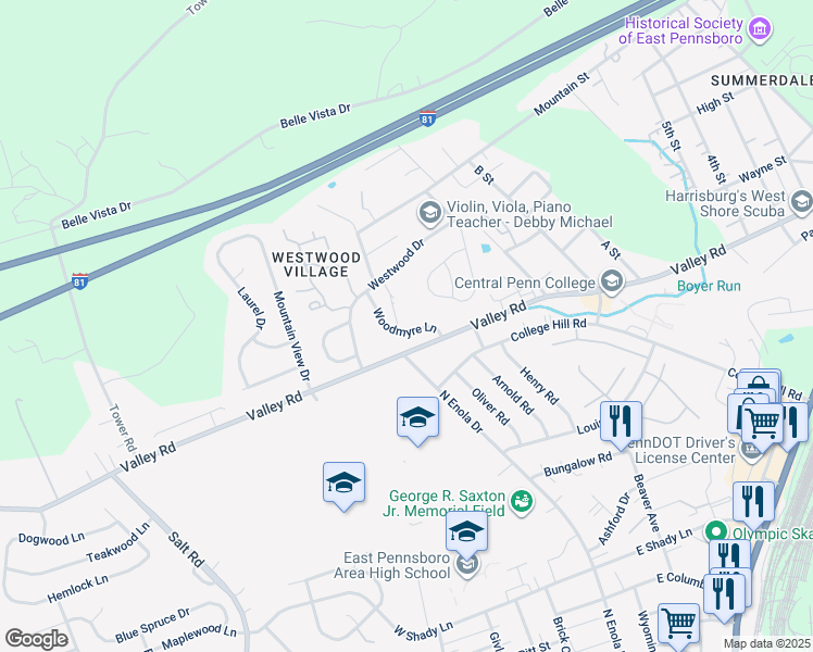 map of restaurants, bars, coffee shops, grocery stores, and more near 38 Woodmyre Lane in Enola