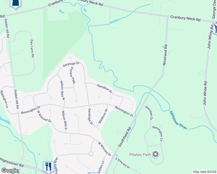map of restaurants, bars, coffee shops, grocery stores, and more near 9 Hamilton Drive in West Windsor Township