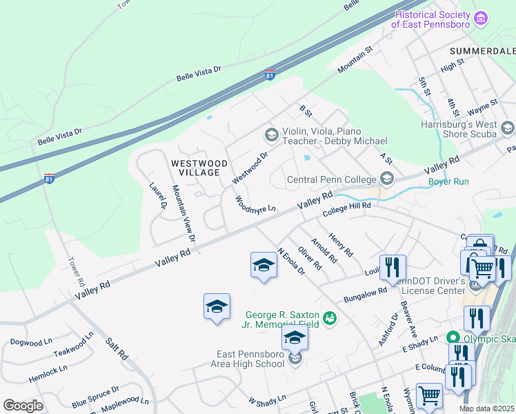 map of restaurants, bars, coffee shops, grocery stores, and more near 36 Woodmyre Lane in Enola