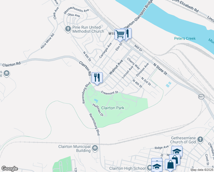 map of restaurants, bars, coffee shops, grocery stores, and more near in Clairton
