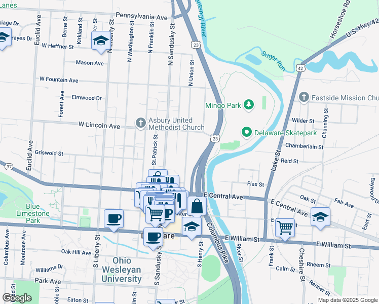map of restaurants, bars, coffee shops, grocery stores, and more near 173 North Union Street in Delaware