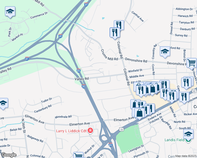 map of restaurants, bars, coffee shops, grocery stores, and more near 4101 Valley Road in Harrisburg