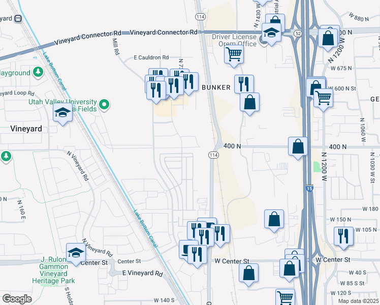 map of restaurants, bars, coffee shops, grocery stores, and more near 352 North 750 East Street in Orem