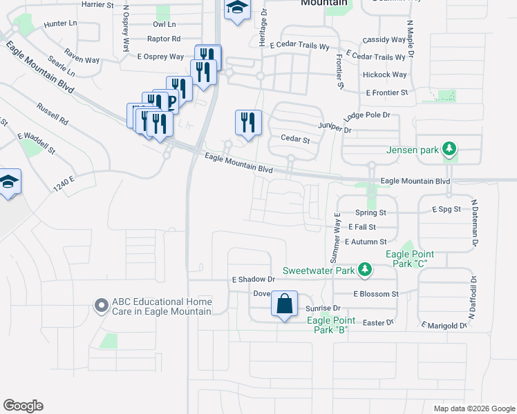 map of restaurants, bars, coffee shops, grocery stores, and more near 1705 East Tumwater Lane in Eagle Mountain