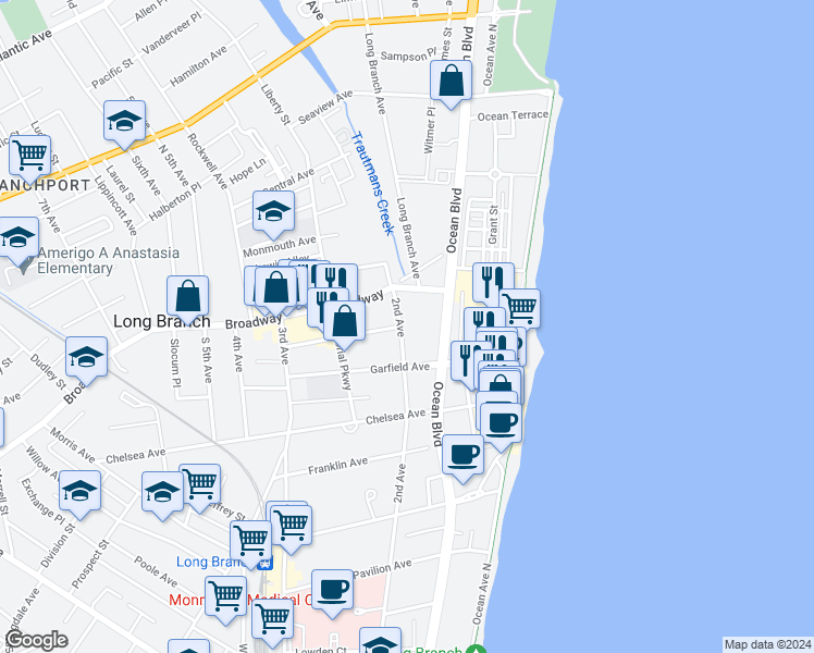 map of restaurants, bars, coffee shops, grocery stores, and more near 54 2nd Avenue in Long Branch