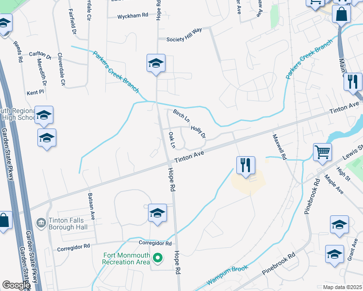 map of restaurants, bars, coffee shops, grocery stores, and more near 51 Oak Lane in Eatontown