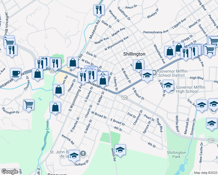 map of restaurants, bars, coffee shops, grocery stores, and more near 20 East Lancaster Avenue in Shillington