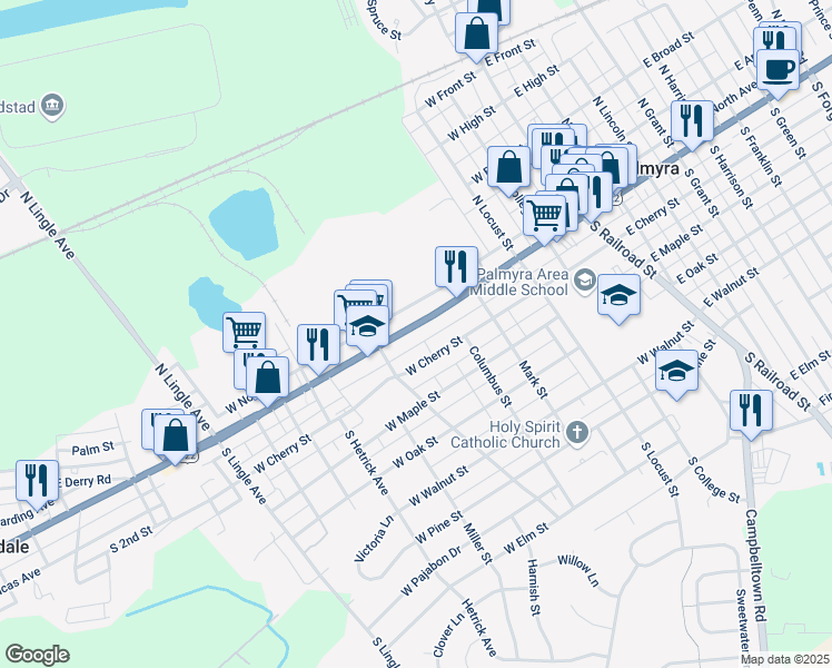 map of restaurants, bars, coffee shops, grocery stores, and more near 436 West Main Street in Palmyra