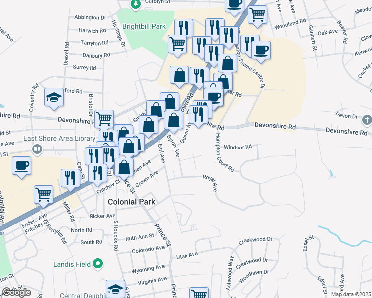 map of restaurants, bars, coffee shops, grocery stores, and more near 5011 Trent Road in Harrisburg