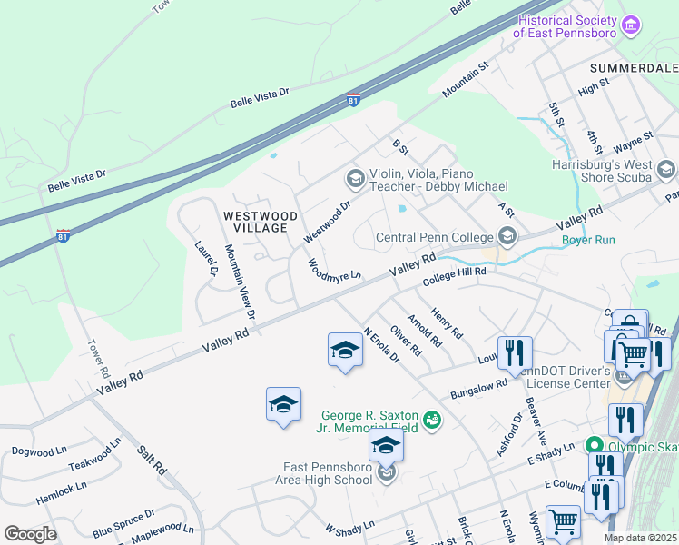 map of restaurants, bars, coffee shops, grocery stores, and more near 38 Woodmyre Lane in Enola