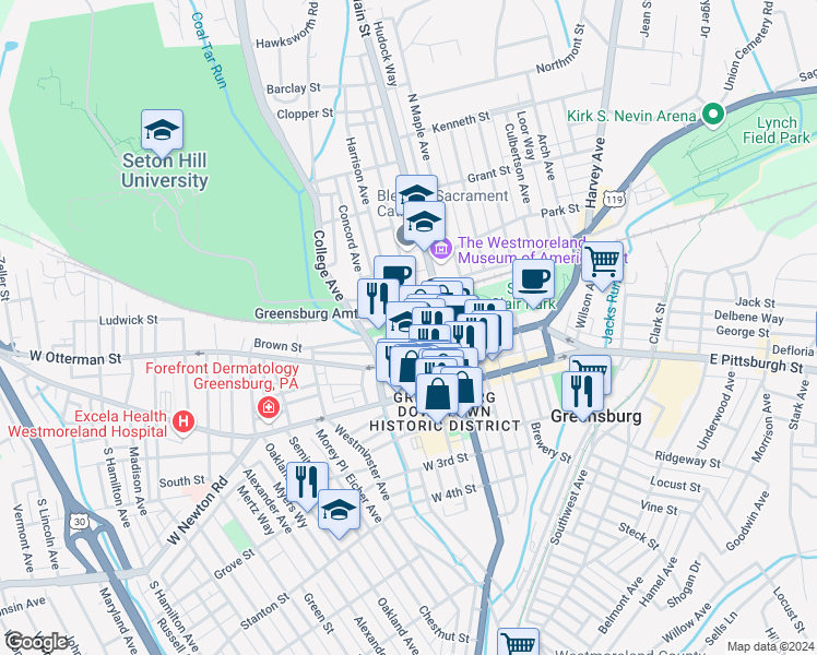 map of restaurants, bars, coffee shops, grocery stores, and more near 105 Harrison Avenue in Greensburg