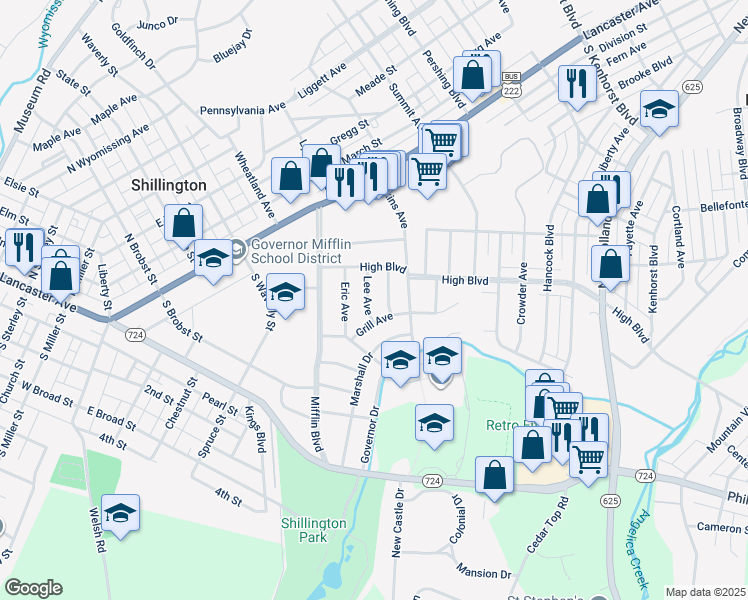 map of restaurants, bars, coffee shops, grocery stores, and more near 515 Grill Avenue in Reading