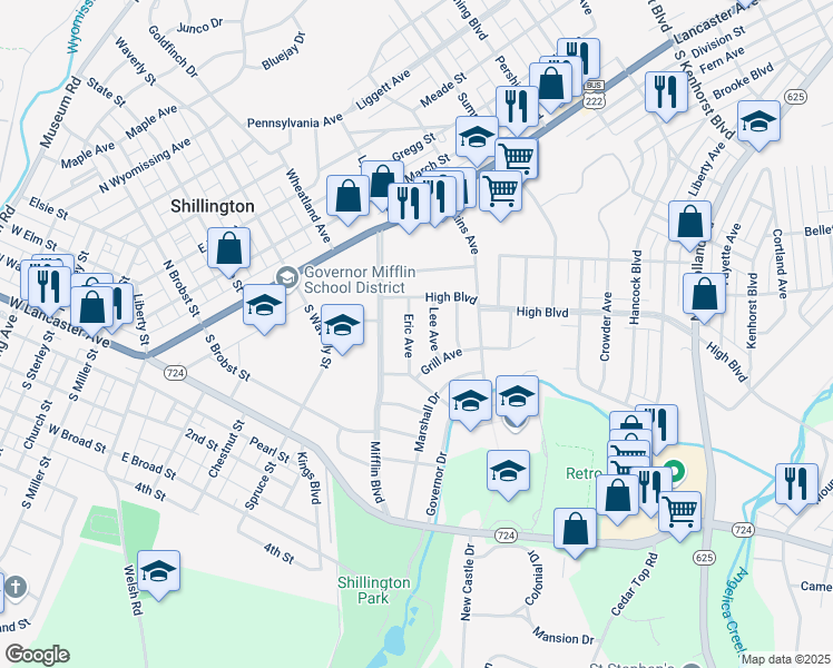 map of restaurants, bars, coffee shops, grocery stores, and more near 515 Grill Avenue in Reading