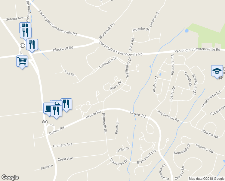map of restaurants, bars, coffee shops, grocery stores, and more near 33 Blake Drive in Pennington