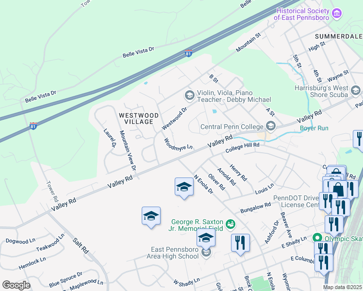 map of restaurants, bars, coffee shops, grocery stores, and more near 36 Woodmyre Lane in Enola