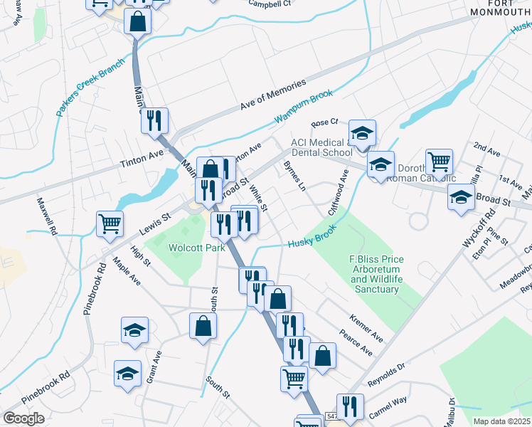 map of restaurants, bars, coffee shops, grocery stores, and more near 6 White Street in Eatontown