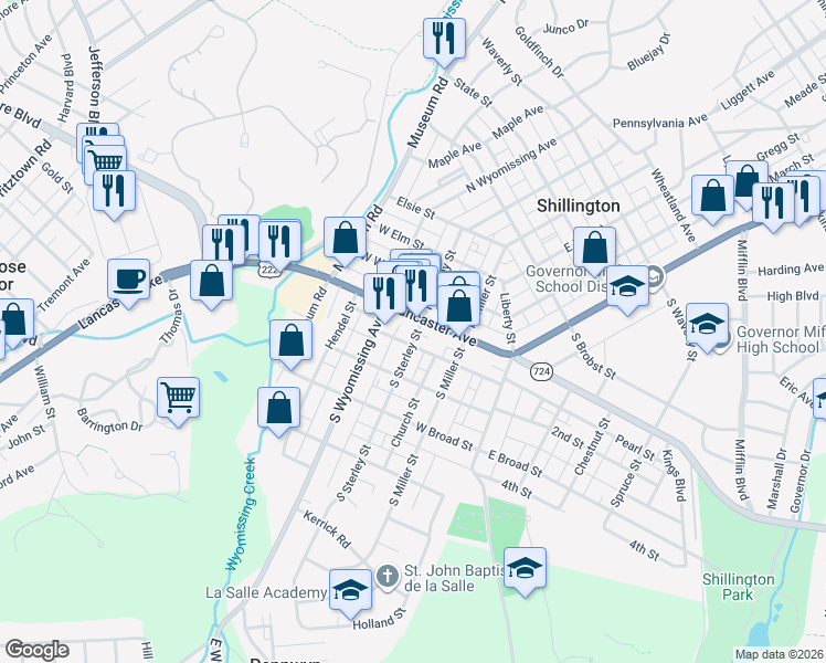 map of restaurants, bars, coffee shops, grocery stores, and more near 33 South Sterley Street in Shillington