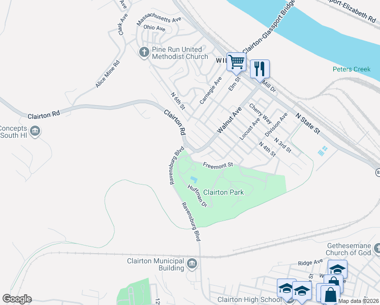 map of restaurants, bars, coffee shops, grocery stores, and more near 436 Freemont Street in Clairton
