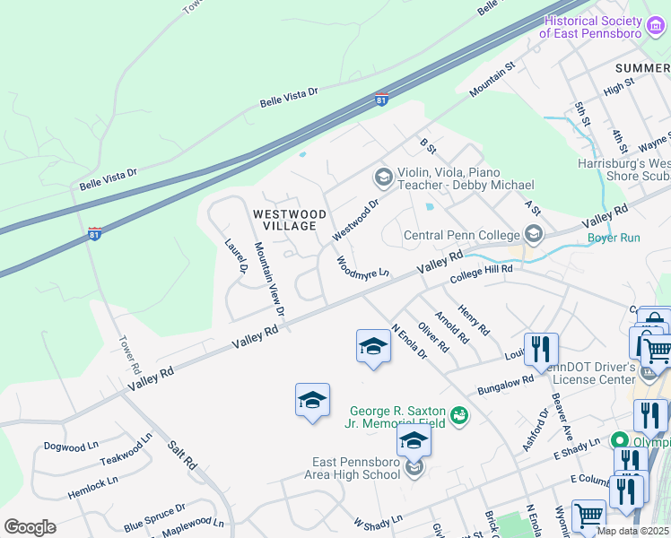 map of restaurants, bars, coffee shops, grocery stores, and more near 59 Woodmyre Lane in Enola