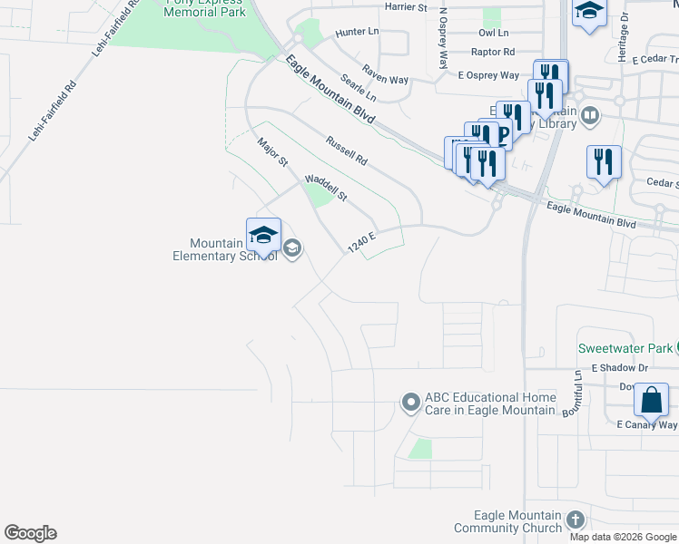 map of restaurants, bars, coffee shops, grocery stores, and more near 3951 North Wood Road in Eagle Mountain