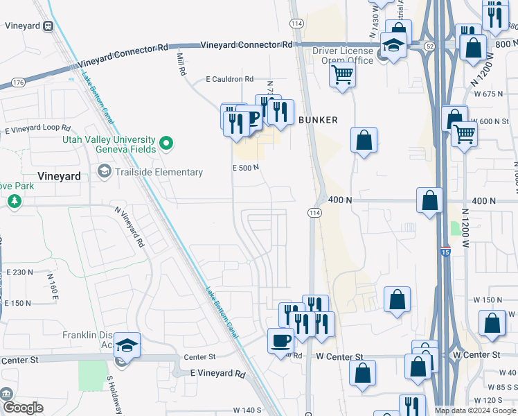 map of restaurants, bars, coffee shops, grocery stores, and more near 677 East 380 North in Vineyard