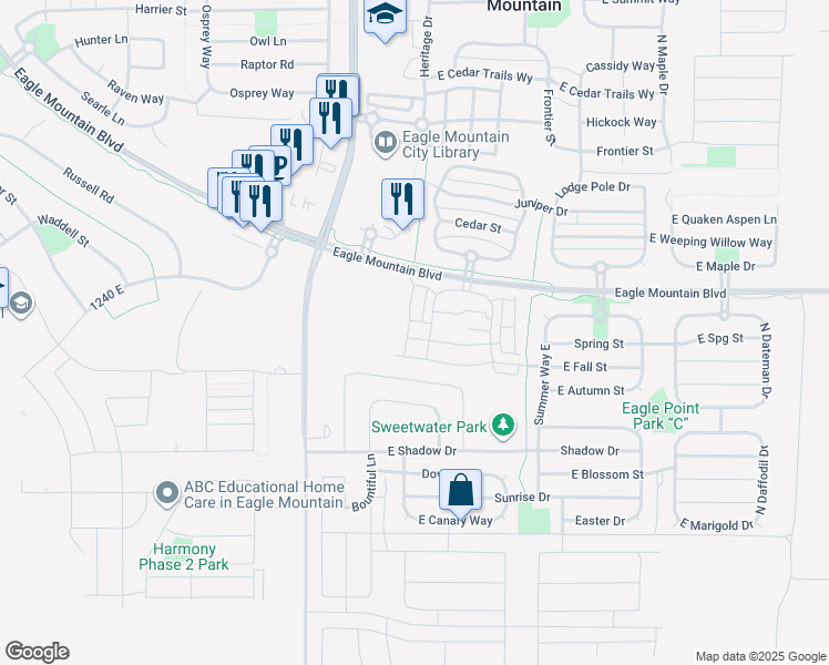 map of restaurants, bars, coffee shops, grocery stores, and more near 1721 East Eagle View Lane in Eagle Mountain