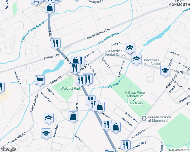 map of restaurants, bars, coffee shops, grocery stores, and more near 64B White Street in Eatontown