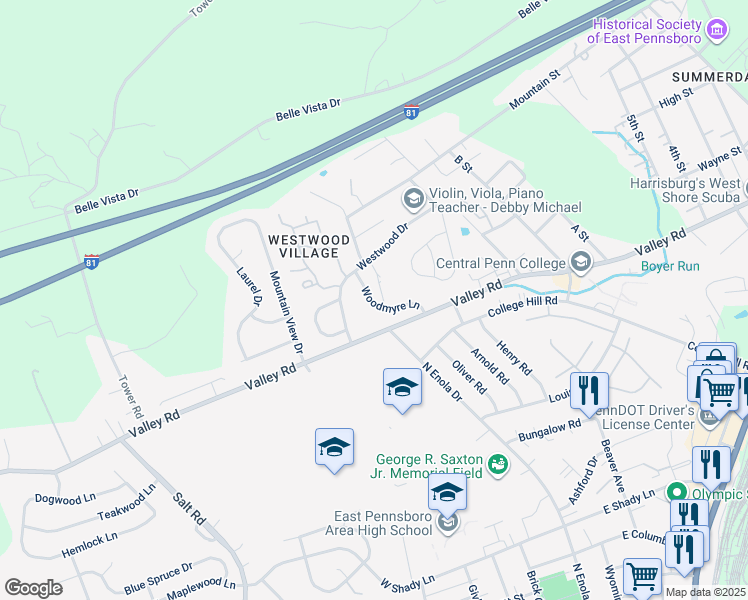 map of restaurants, bars, coffee shops, grocery stores, and more near 54 Woodmyre Lane in Enola
