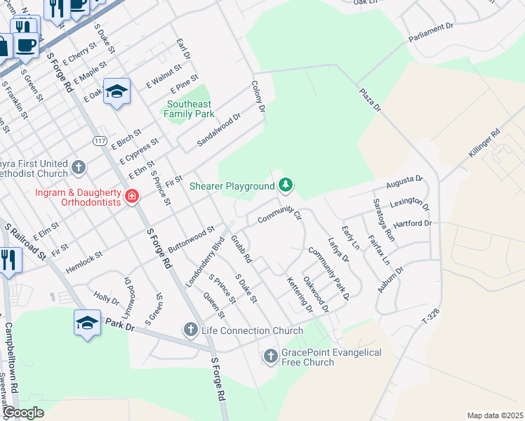 map of restaurants, bars, coffee shops, grocery stores, and more near 12 Greenhouse Lane in Palmyra