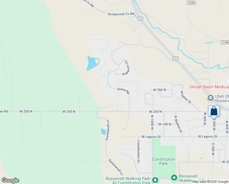 map of restaurants, bars, coffee shops, grocery stores, and more near 341 Sunset Circle in Roosevelt