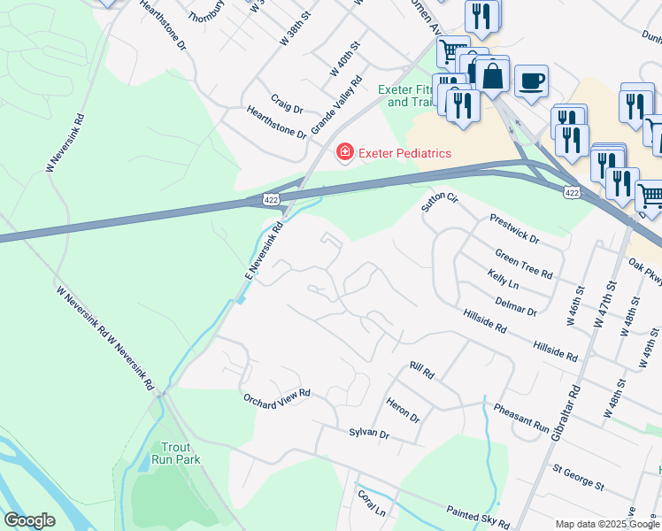 map of restaurants, bars, coffee shops, grocery stores, and more near 30-1 Wister Way in Reading